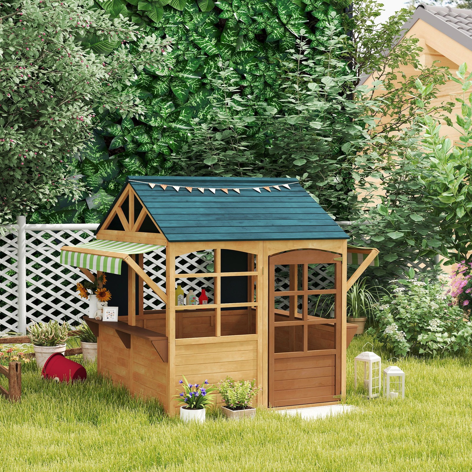 Qaba Outdoor Playhouse, Foldable Wooden Kids Cottage, Brown