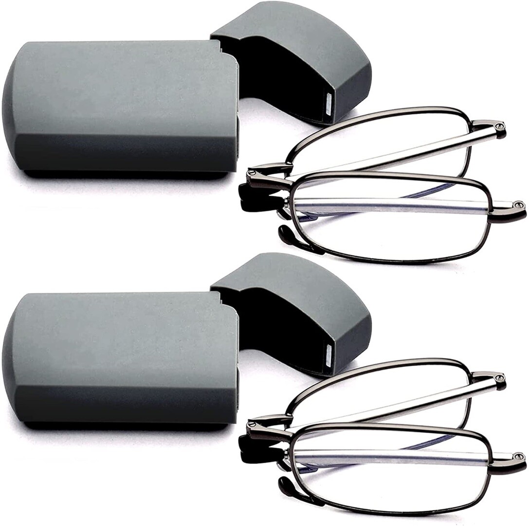 2 Pairs Anti-Blue Metal Compact Folding Light Reading Glasses With Carrying Case