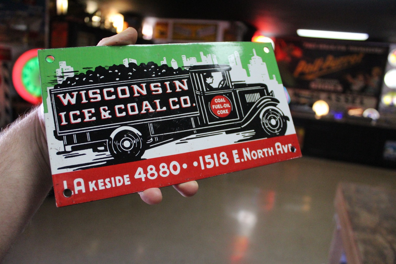 RARE WISCONSIN ICE AND COAL DEALER PORCELAIN METAL SIGN TRUCK GAS OIL MILWAUKEE