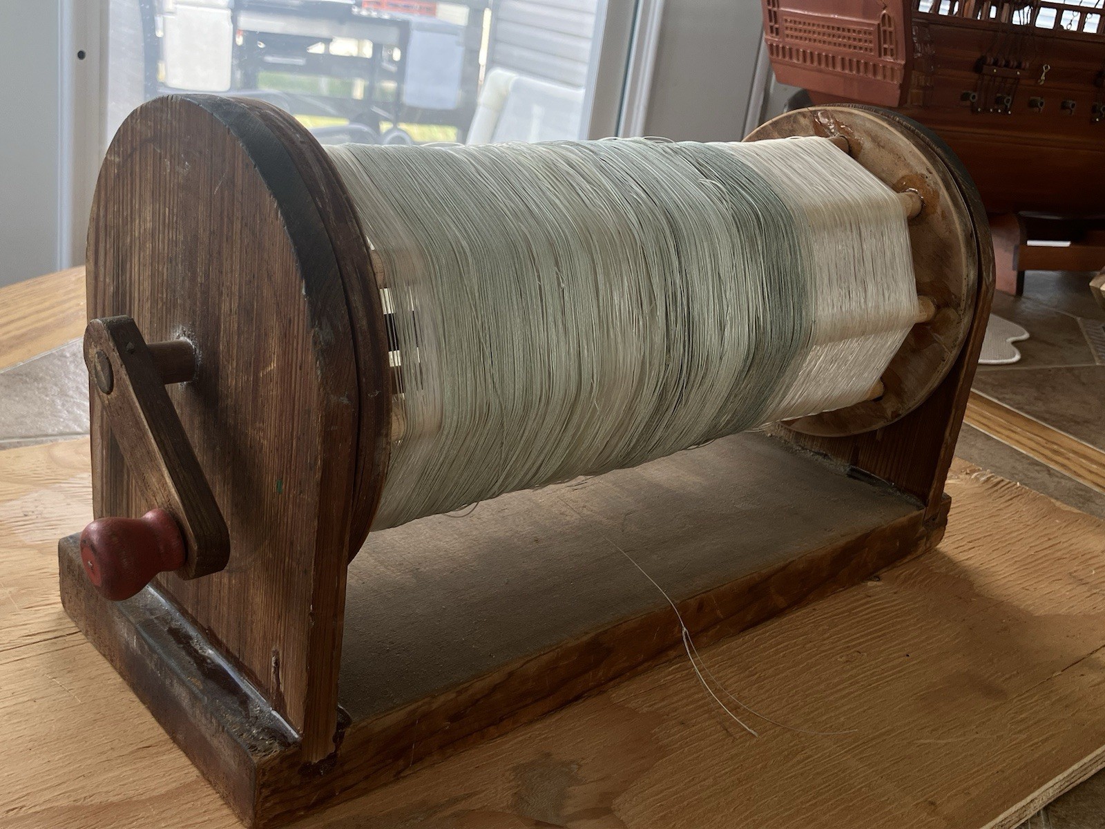 1950’s Vintage Hand-Crank Fishing Line Dryer – Wood Reel w/ Mono