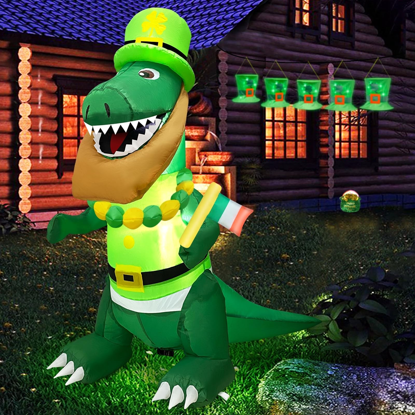 4FT Dinosaur St. Patricks Day Inflatables Decorations Outdoor Blow Up Dinosau...