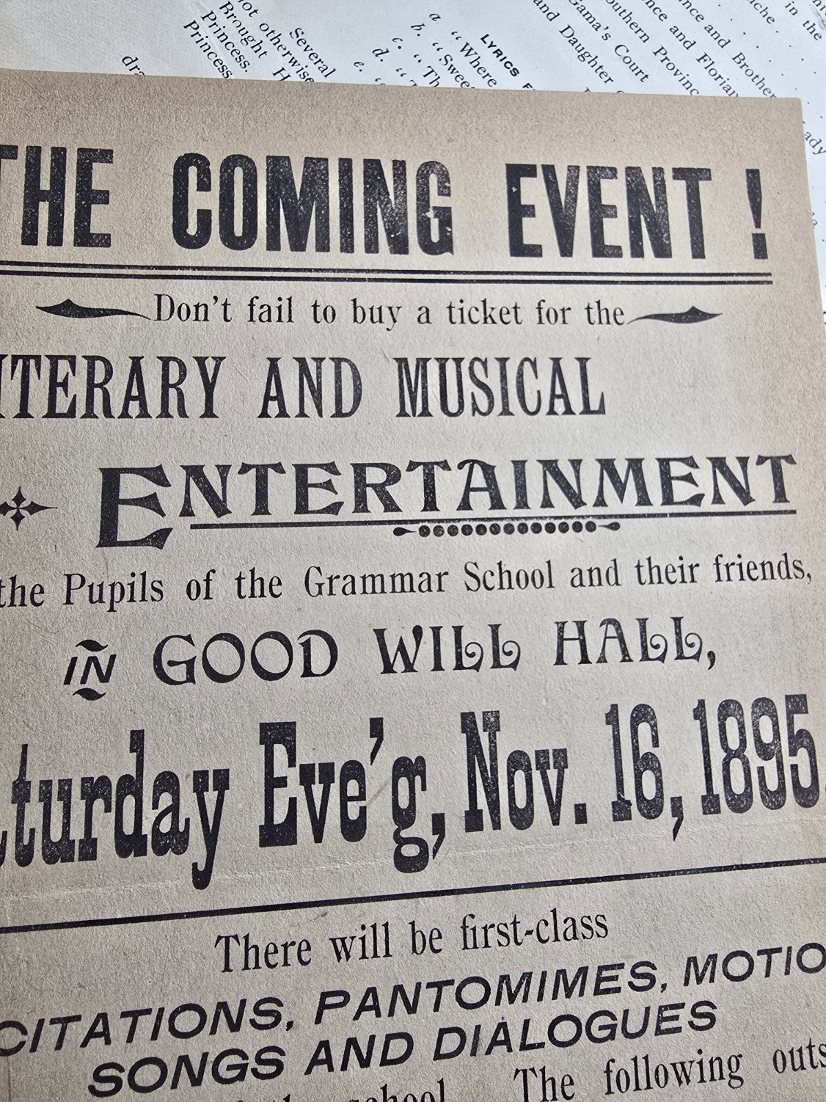 3 antique flyer Playbill 1895 1896 Myerstown PA Good Will Hall Lebanon Tennyson