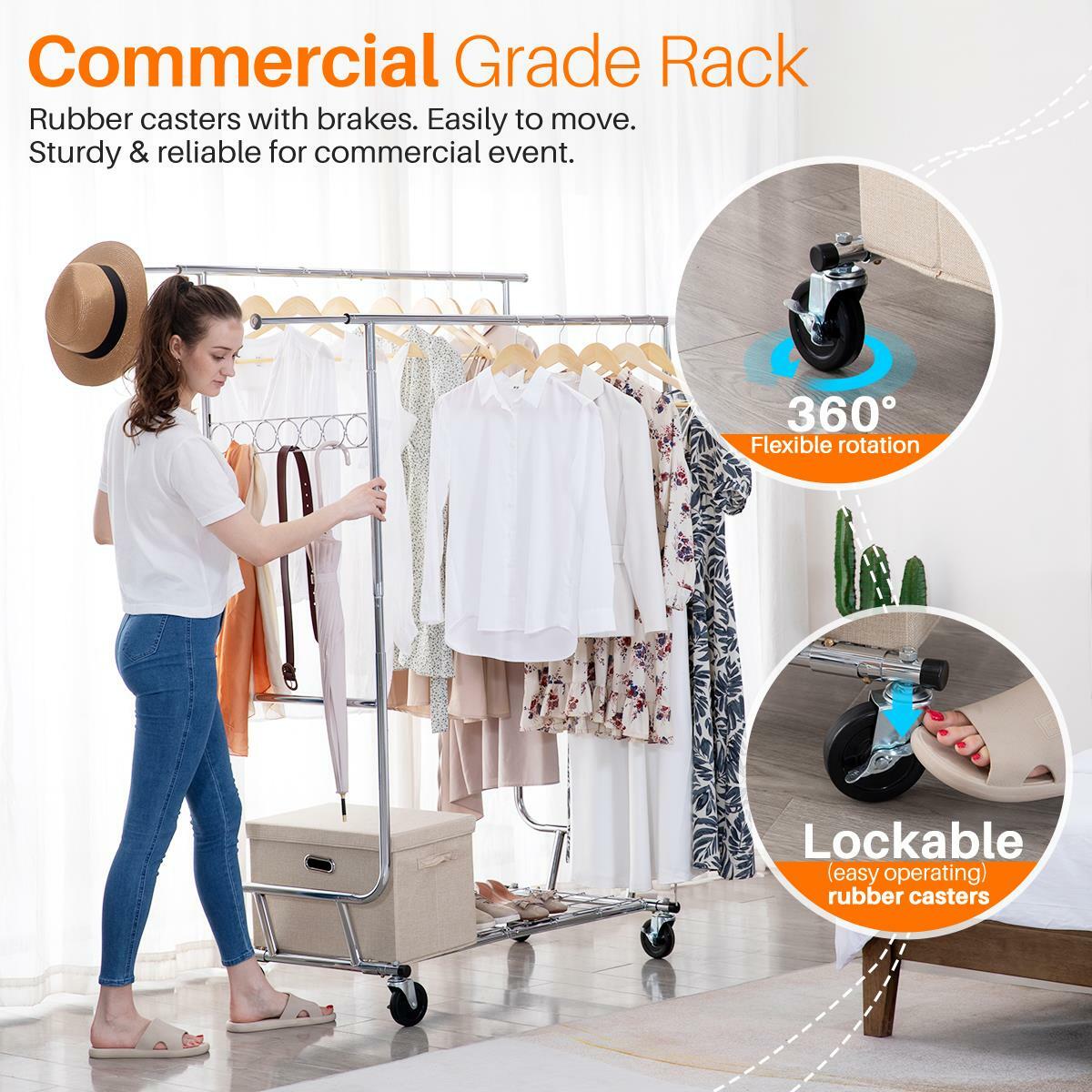 Heavy Duty Commercial Clothing Garment Rack Rolling Collapsible Chrome US