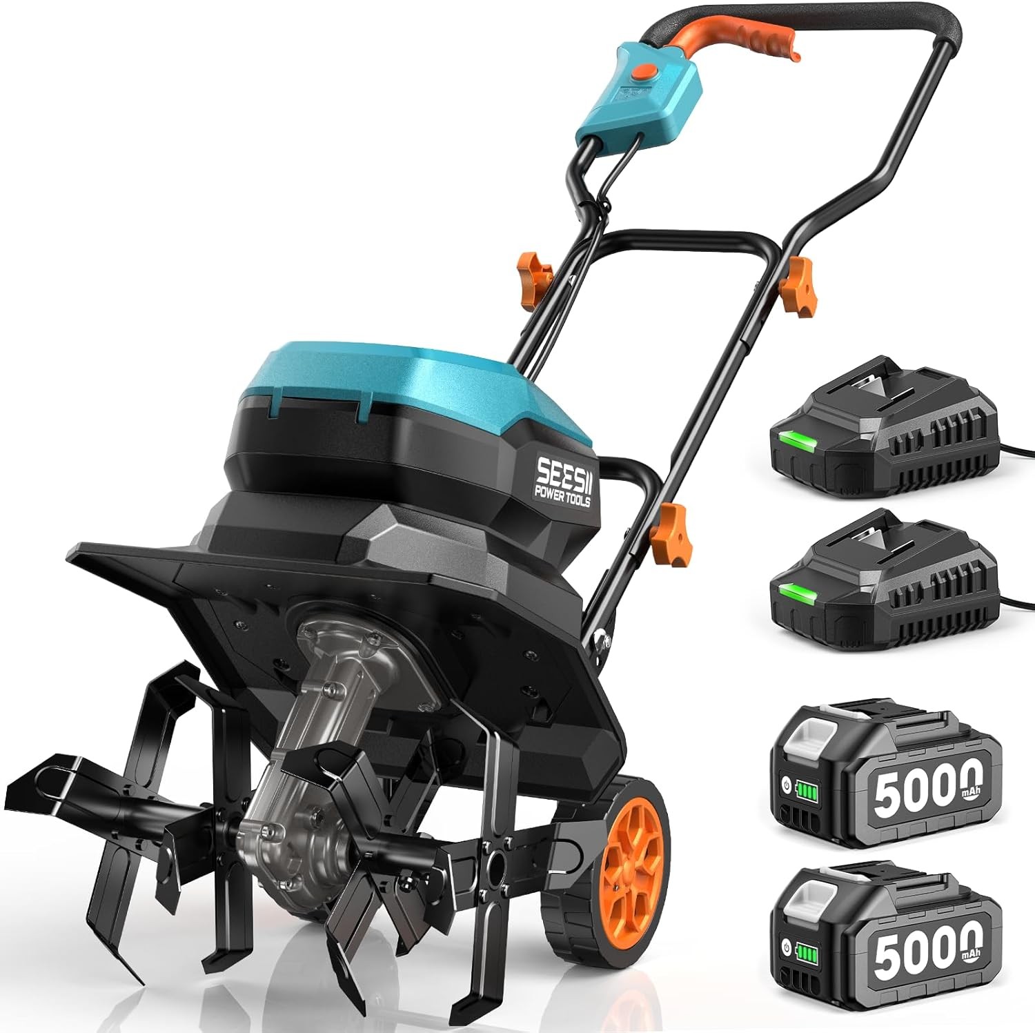 Seesii Cordless Cultivator 40V 12" Width 4x4Steel Tines 2x5000mah Battery Tiller