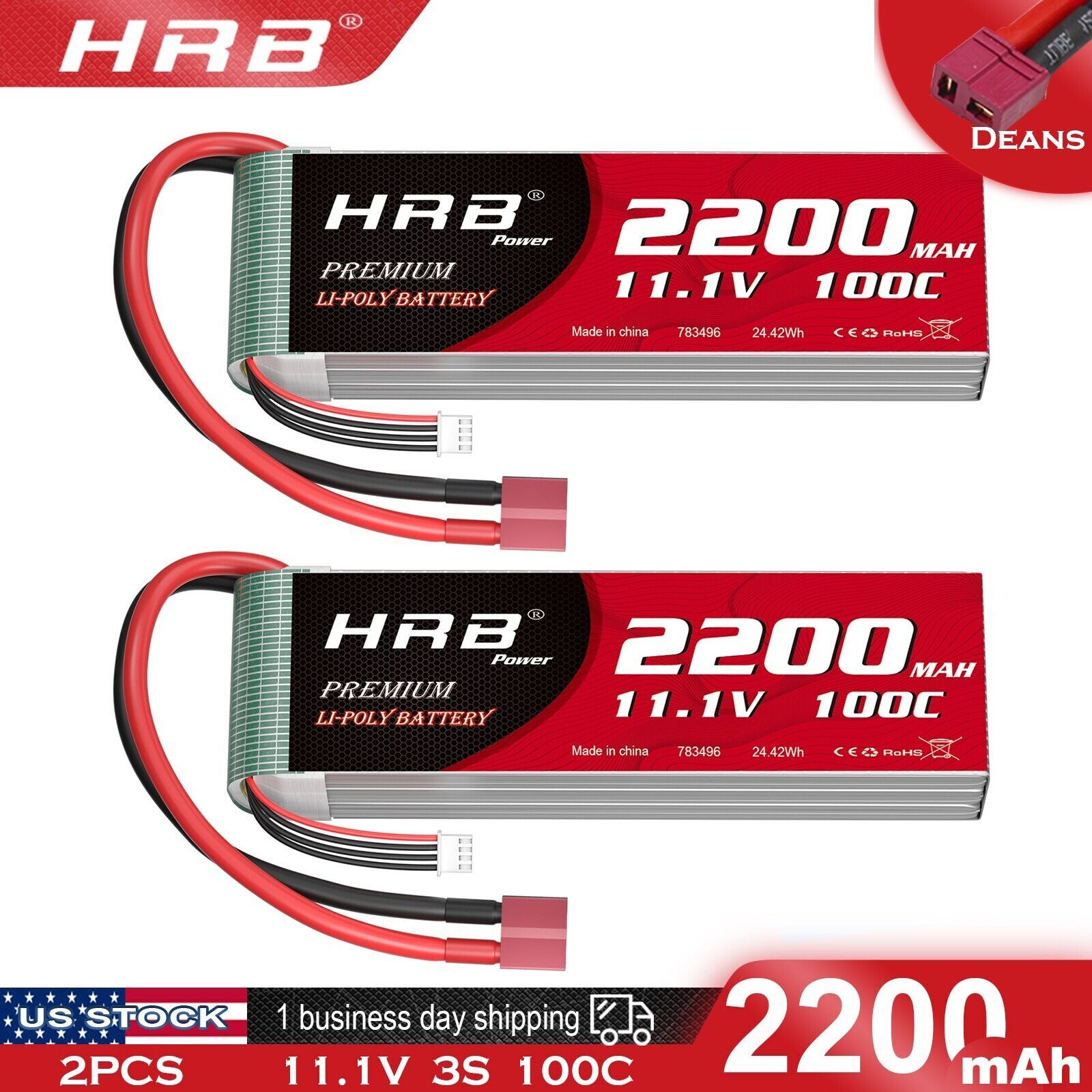 2x HRB 2200mAh 3S 11.1V 100C Lipo Battery Deans for RC Car Turck Racing Boat FPV