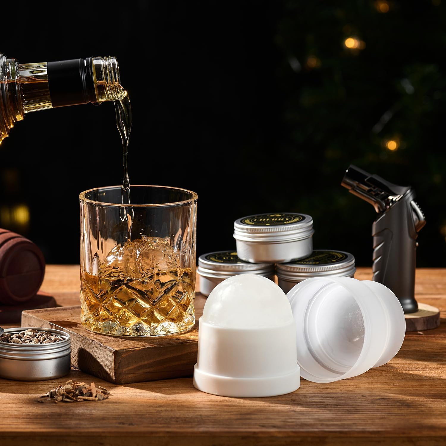 Whiskey Smoker Kit with Torch - 6 Flavors Wood Chips, 2 Glasses, 2 Ice Ball Mold