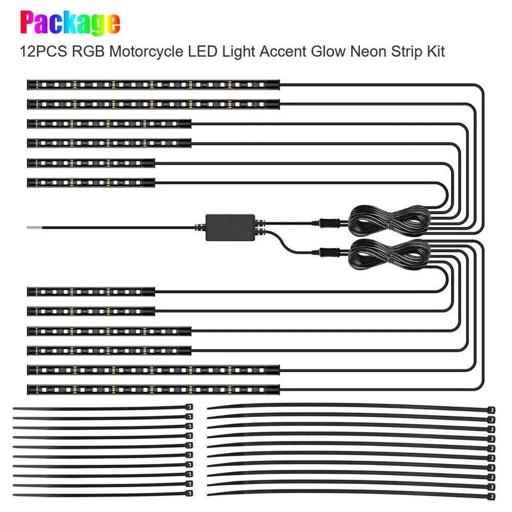 12PC RGB Bluetooth Motorcycle LED Light Under Glow Neon Strip Remote Control Kit