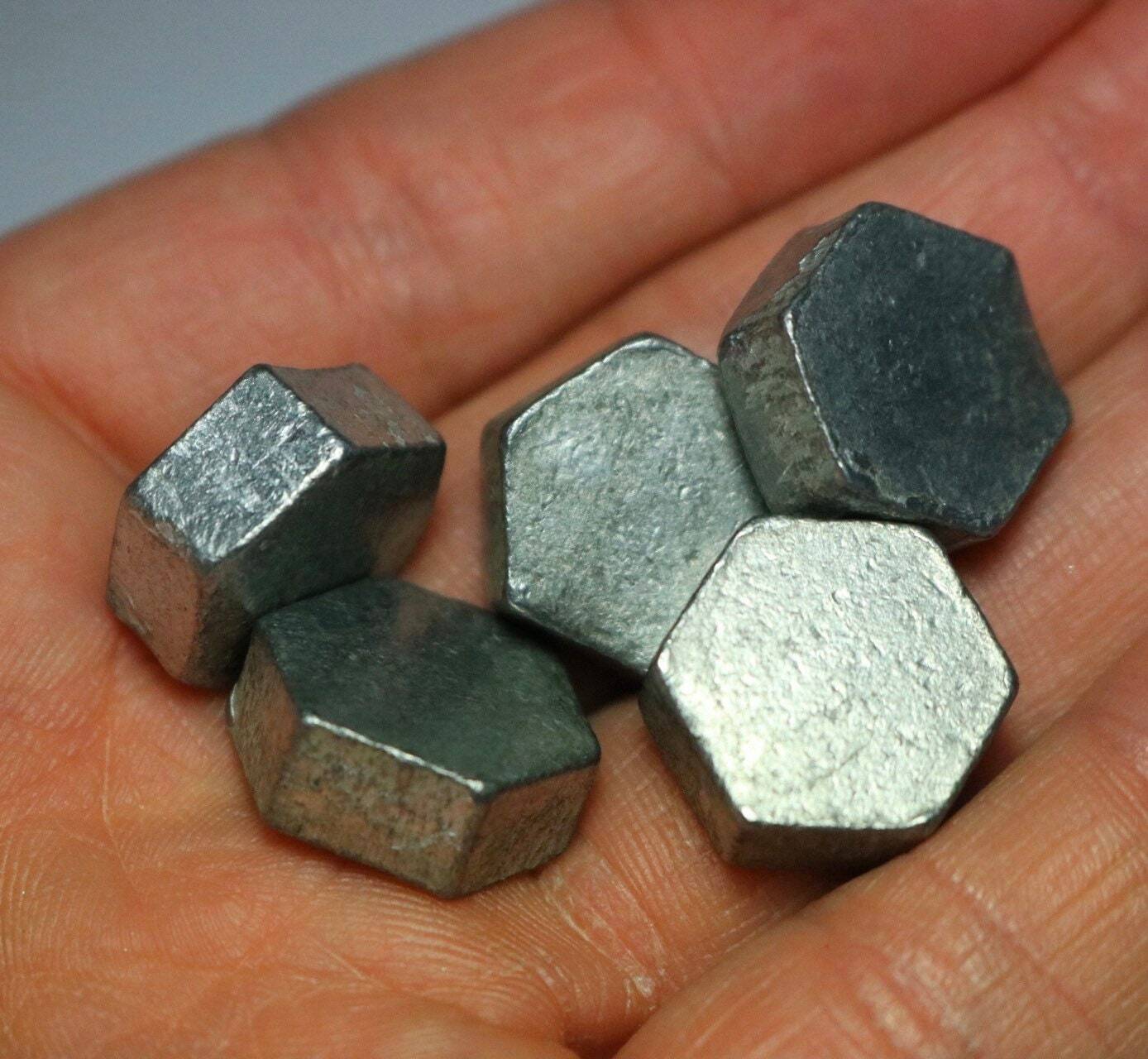 Five zinc metal hexagons 99.99% element 30 zn chemistry sample bulk