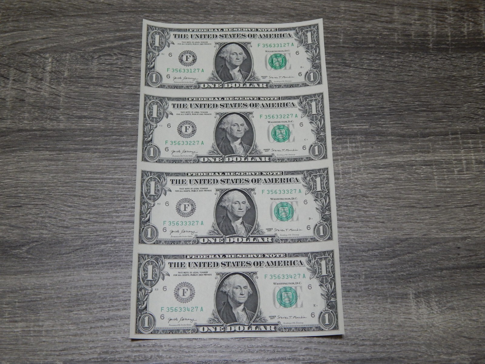 UNCUT SHEET OF (4) - U.S. $1 ONE DOLLAR BILLS GEM UNC MAKES A NICE GIFT #386.