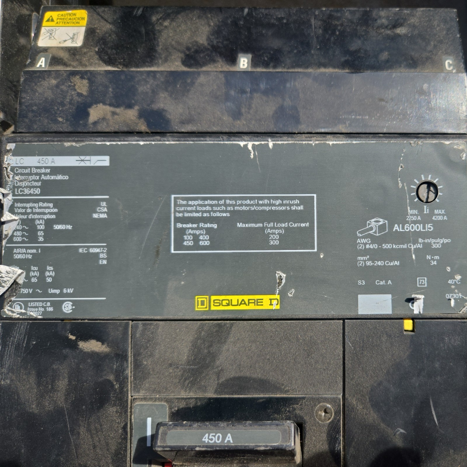 SQUARE D LC36450 450 A 3 P Circuit Breaker