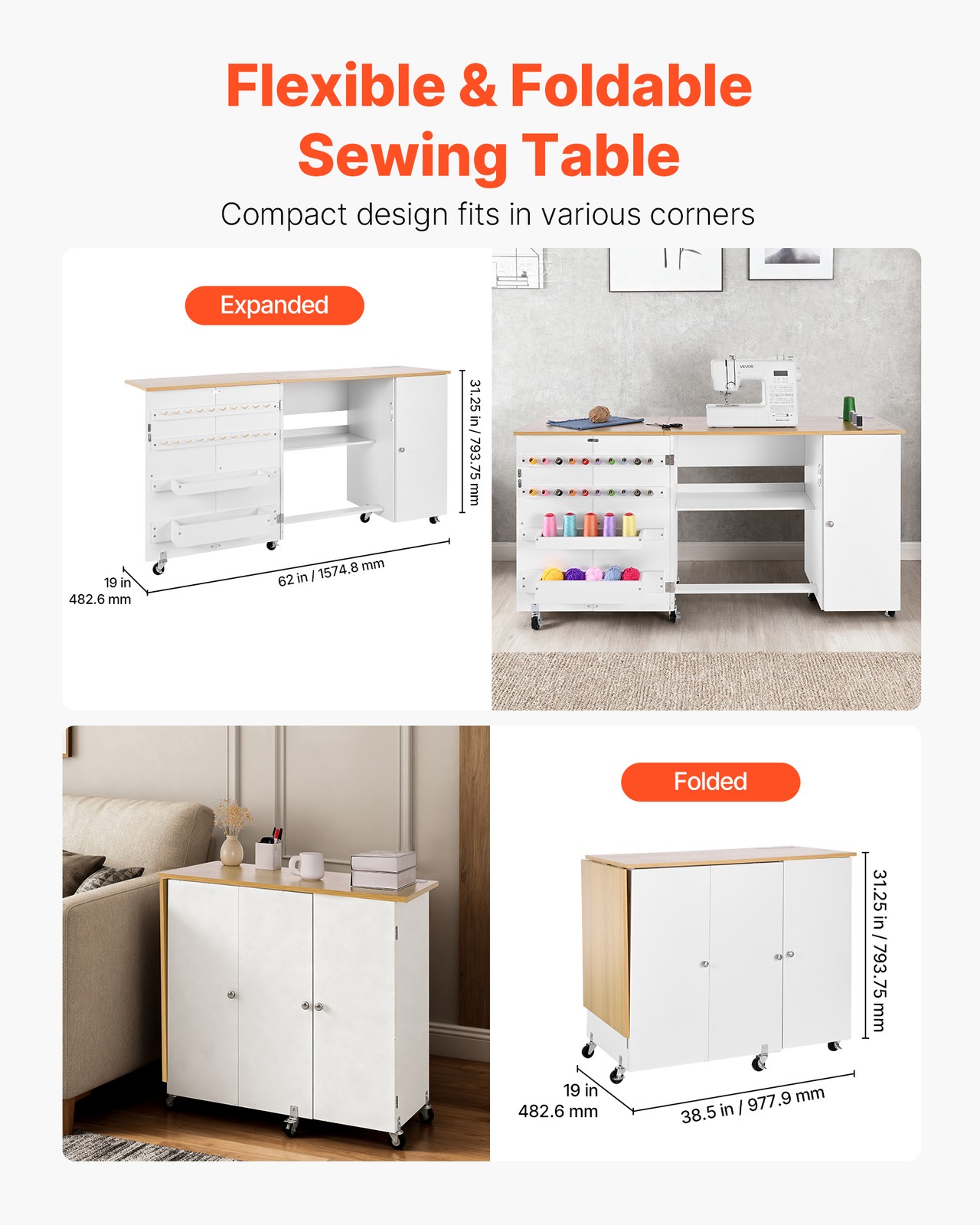 VEVOR Folding Sewing Table Multipurpose Sewing Machine Table Charging Station