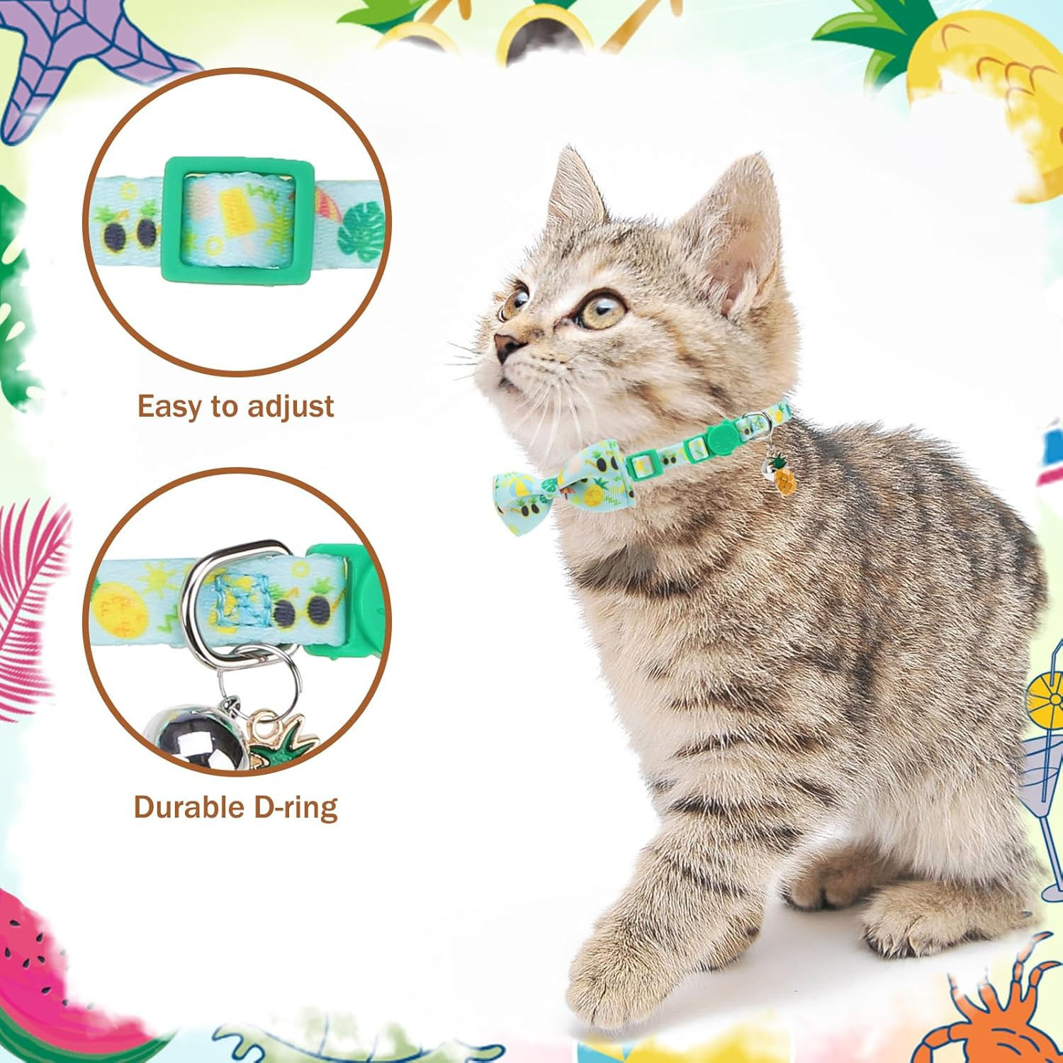 Summer Bow Tie Cat Collar with Bell - Breakaway Safety 3-Pack, Adjustable Bowtie
