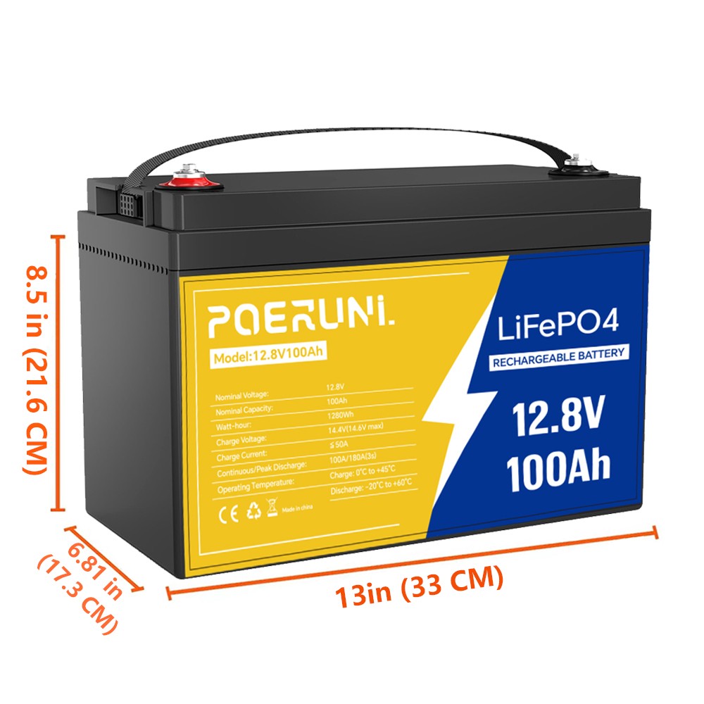 POERUNI 12.8V 1280Wh 100Ah LiFePO4 Lithium Battery Deep Cycles Built-in BMS NEW