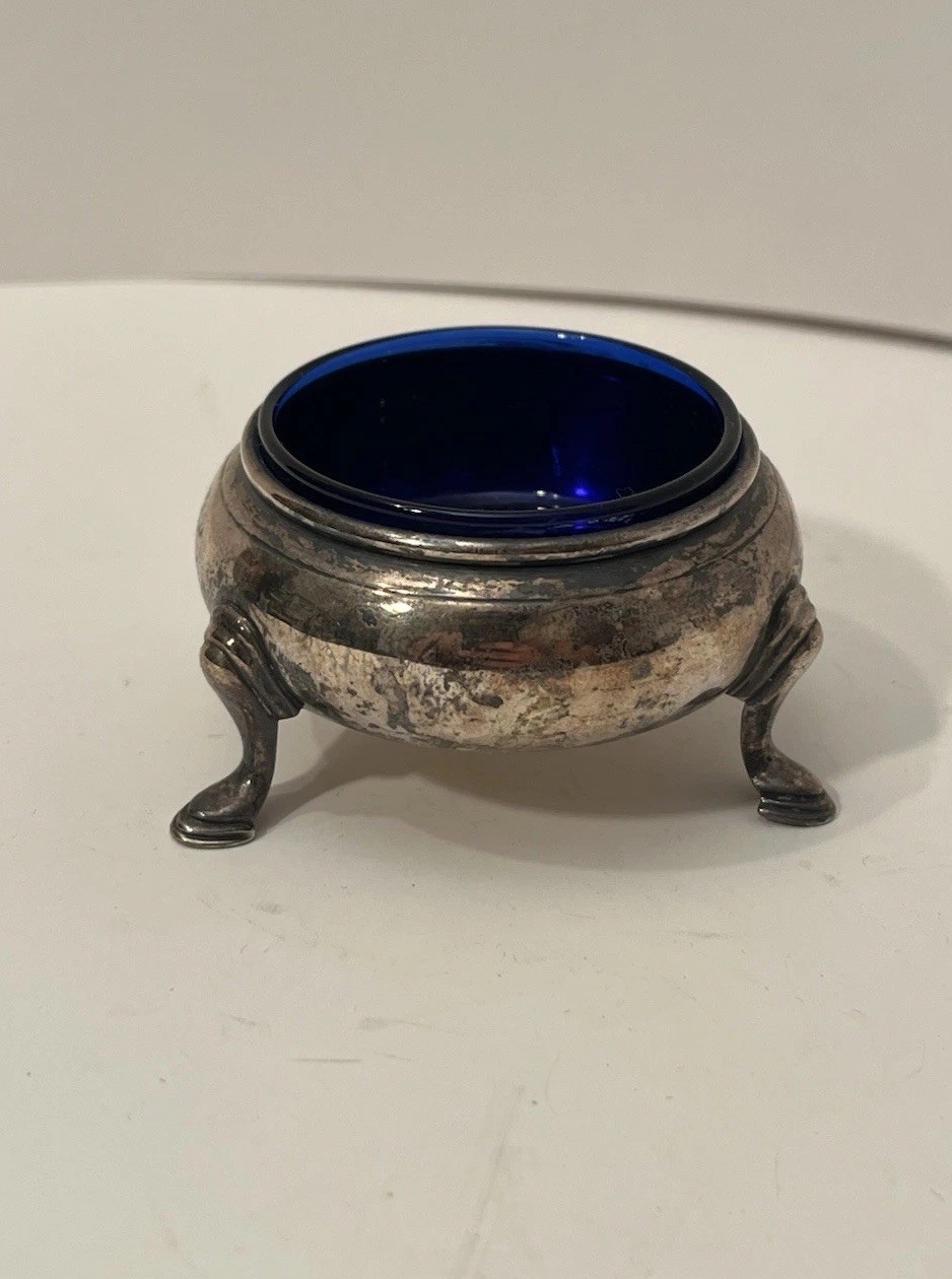 Norman of London New York Open Salt w Cobalt Glass Liner Sterling Silver