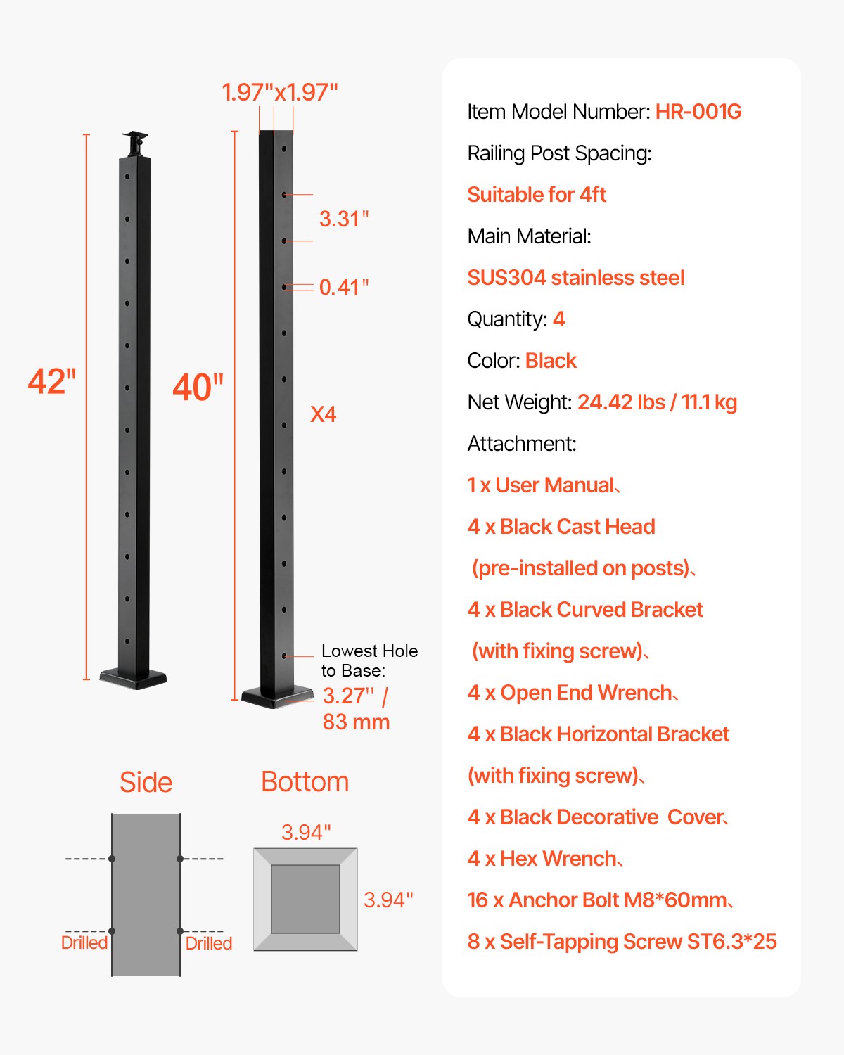 Cable Railing Post 42x2x2 In Horizontal-Hole Railing Post 4JZLGZXHS106URZU0001V0