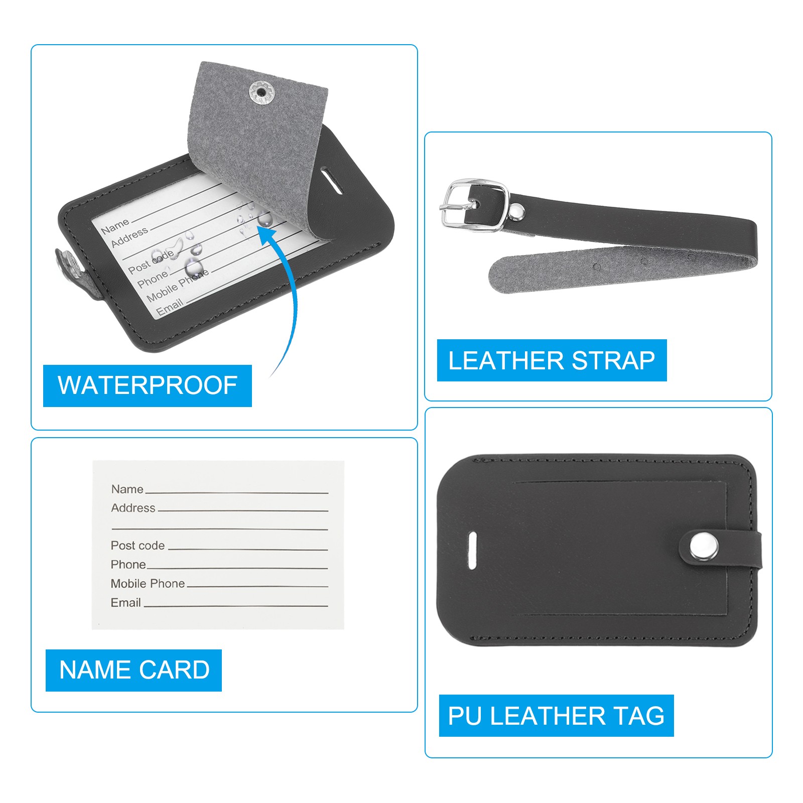 4 Pack Luggage Bag Tags PU Leather Suitcase Name Tags Travel ID Label Black