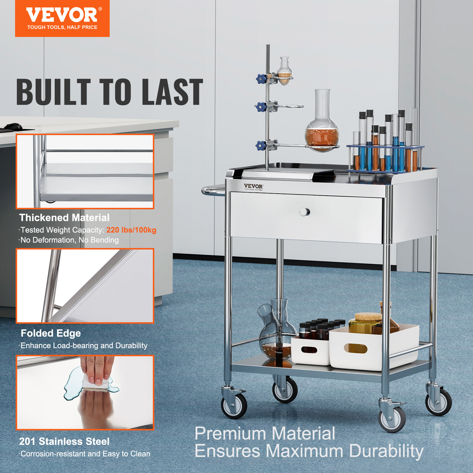 VEVOR 2-Tier Medical Trolley Steel Cart Mobile Lab Utility Cart with A Drawer