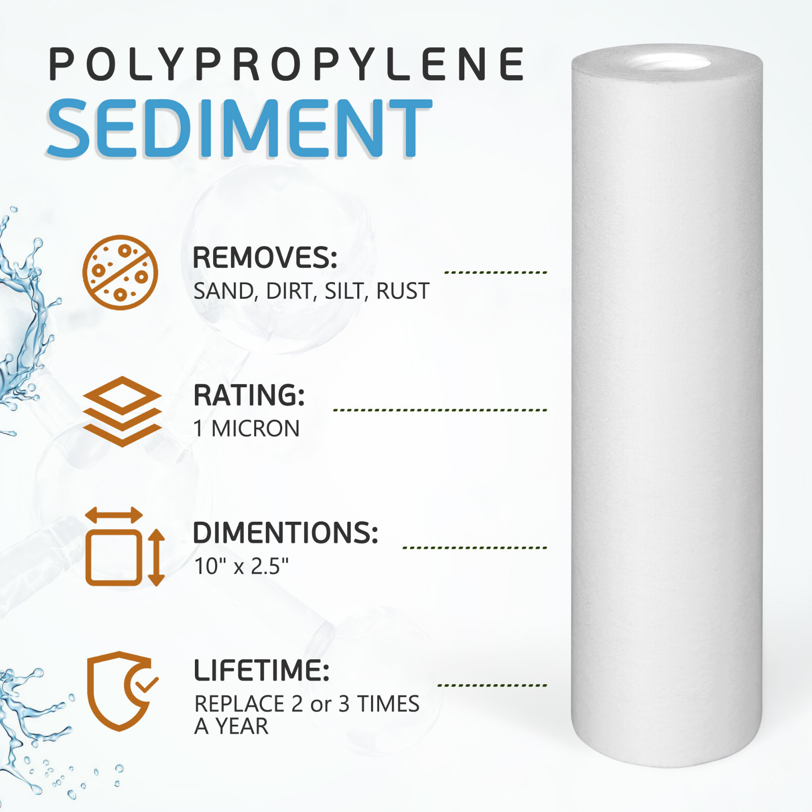 6 Pack Sediment 1 Micron Water Filter Cartridges 2.5" x 10" for Reverse Osmosis