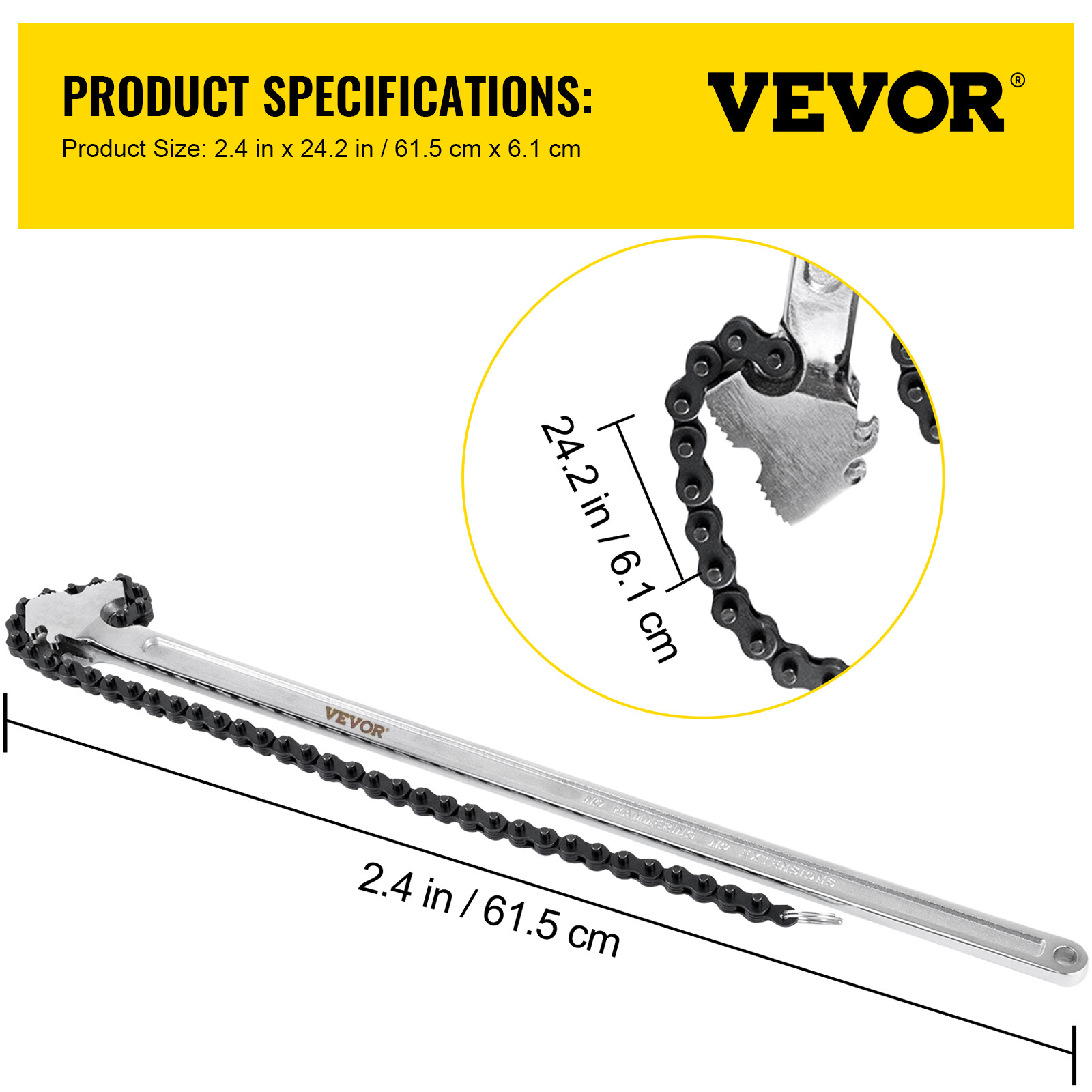 VEVOR 24" Chain Wrench Steel Straight Handle Tool 22" Chain 6.7" Capacity