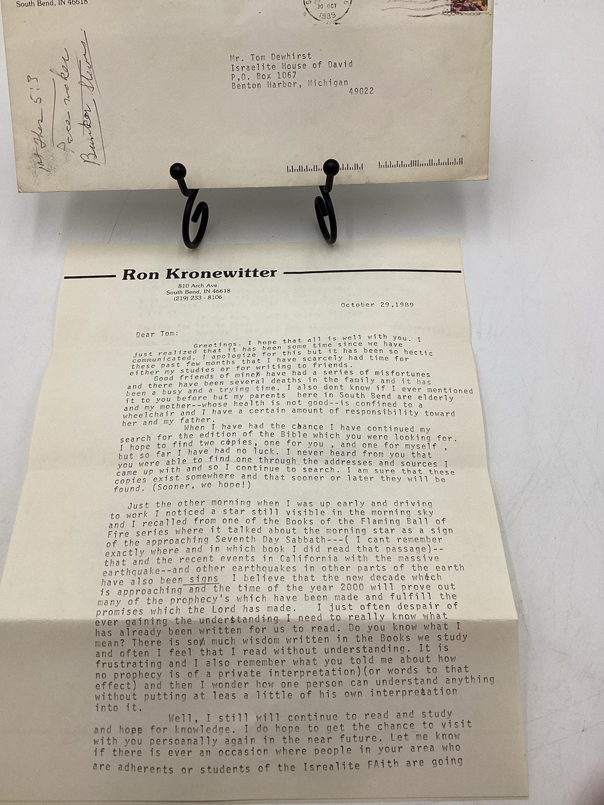 Vintage 1989 Letter & Envelope-Ron Kronewitter To Tom Dewhirst
