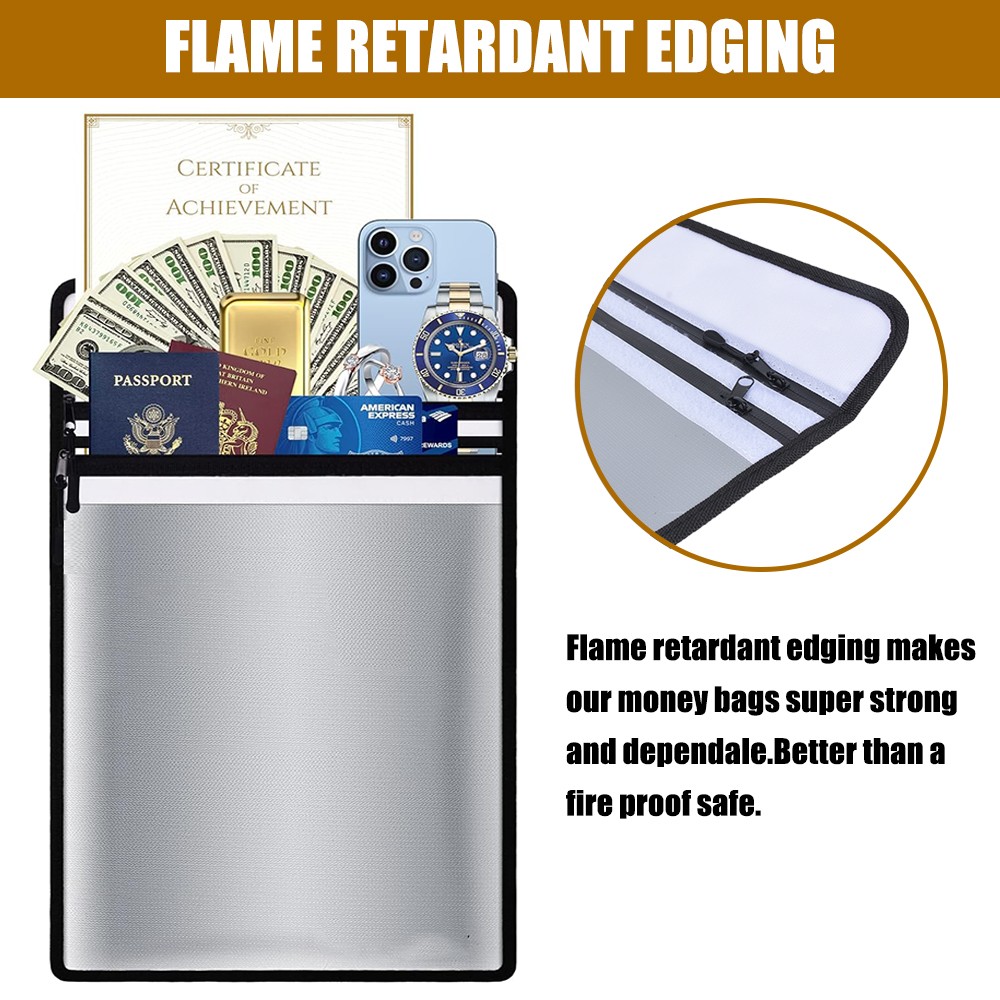 Fireproof Document Bag Waterproof File Cash Money Pouch Safe Storage with Zipper