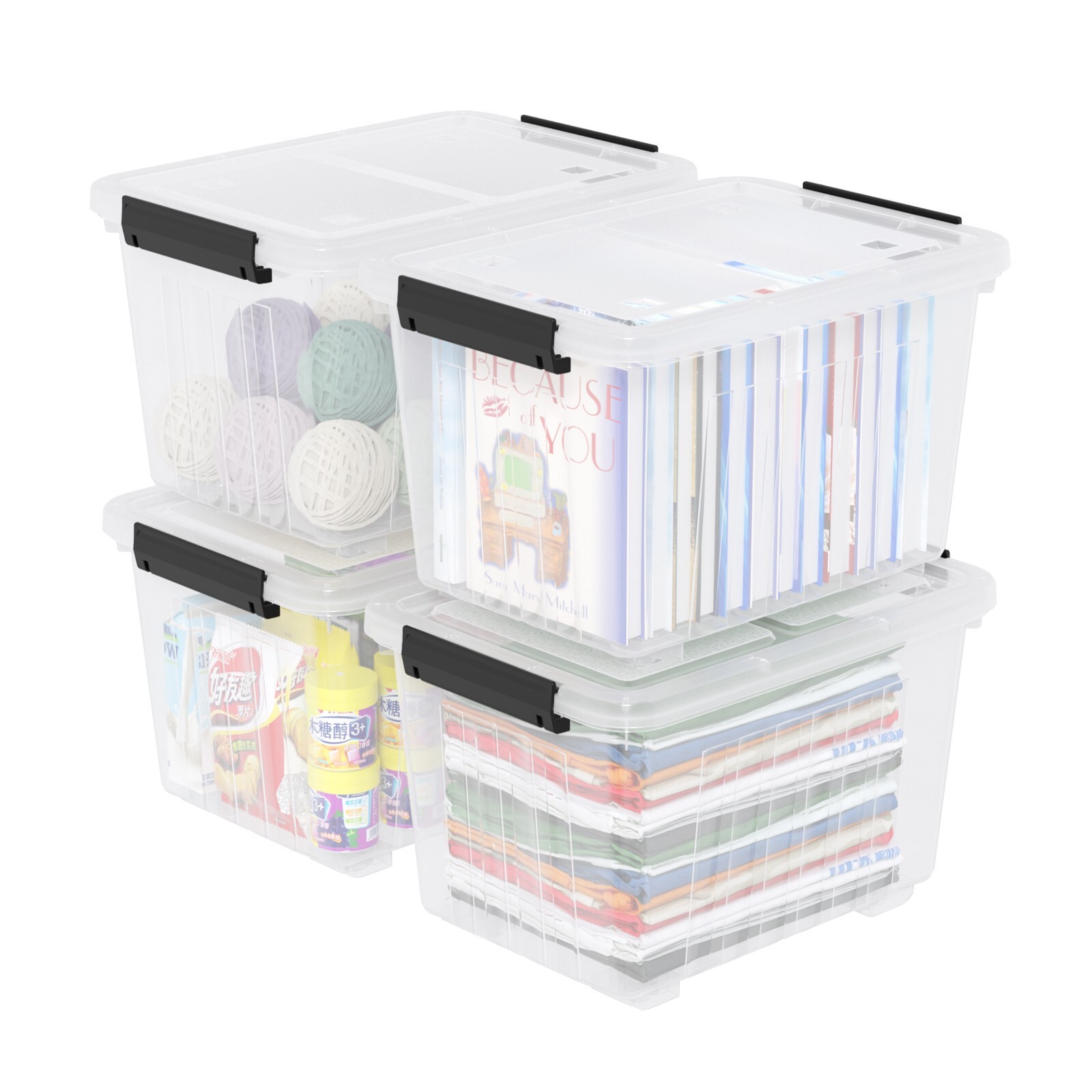 Kekow 30 Quart Gasket Box Stackable Storage Bin with Latching Lid &Wheels 4 Pack