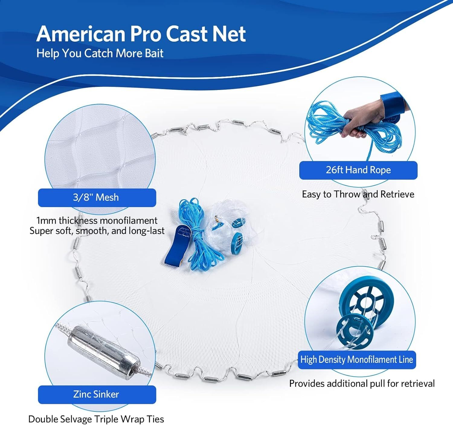 6/8/10/12/16FT Fishing Cast Net Bait Easy Throw Hand Cast Strong Nylon Mesh USA