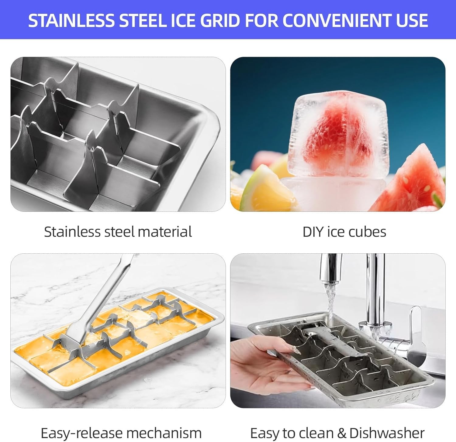 Metal Ice Cube Tray 18 Slots Stainless Steel Easy Release Handle Dishwasher Safe