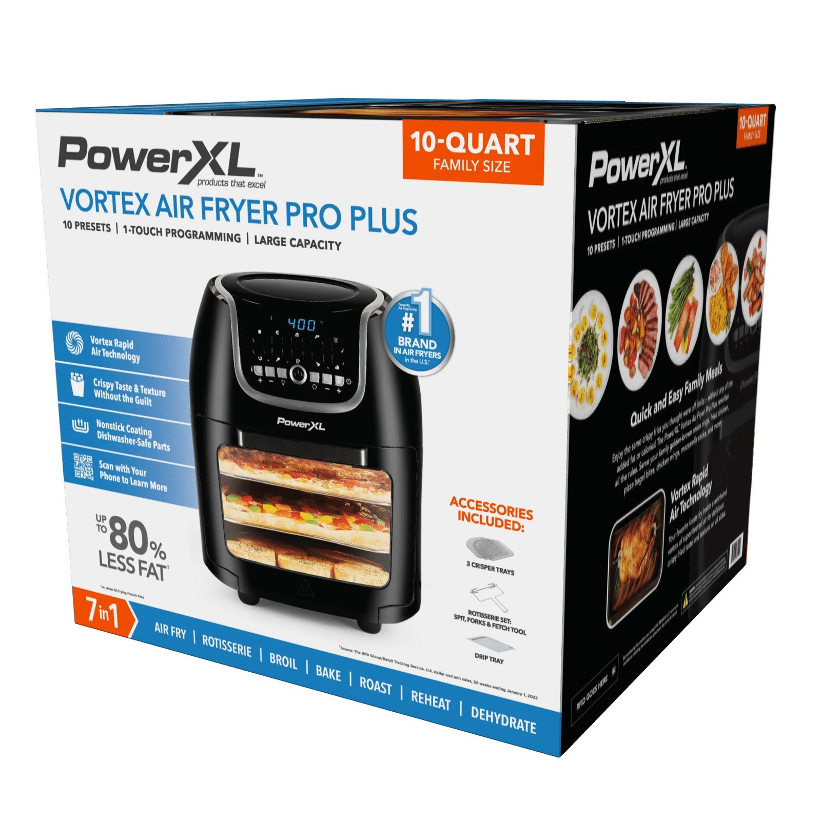 PowerXL Vortex Air Fryer Pro Plus 10 Quart Capacity, Black, 1700 Watts