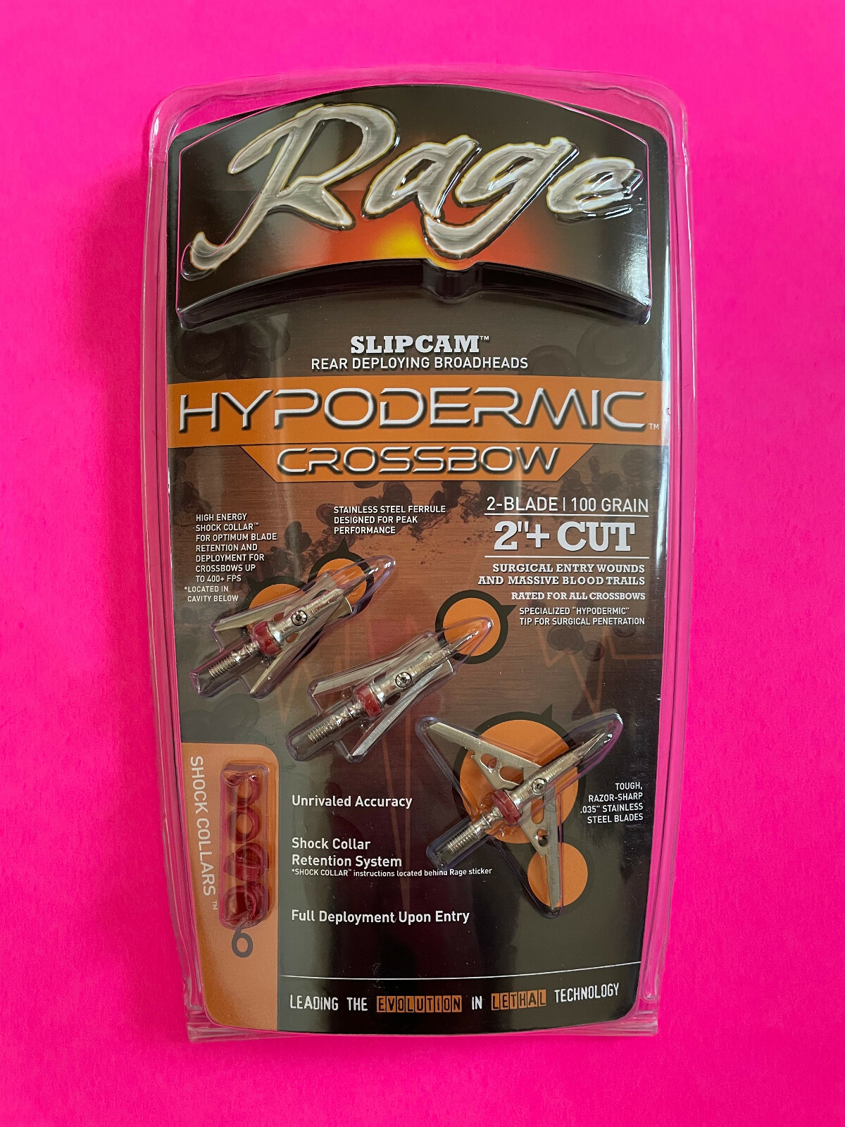 Rage Crossbow Hypodermic mechanical Broadheads 100 Grain steel 2" Cut Slipcam