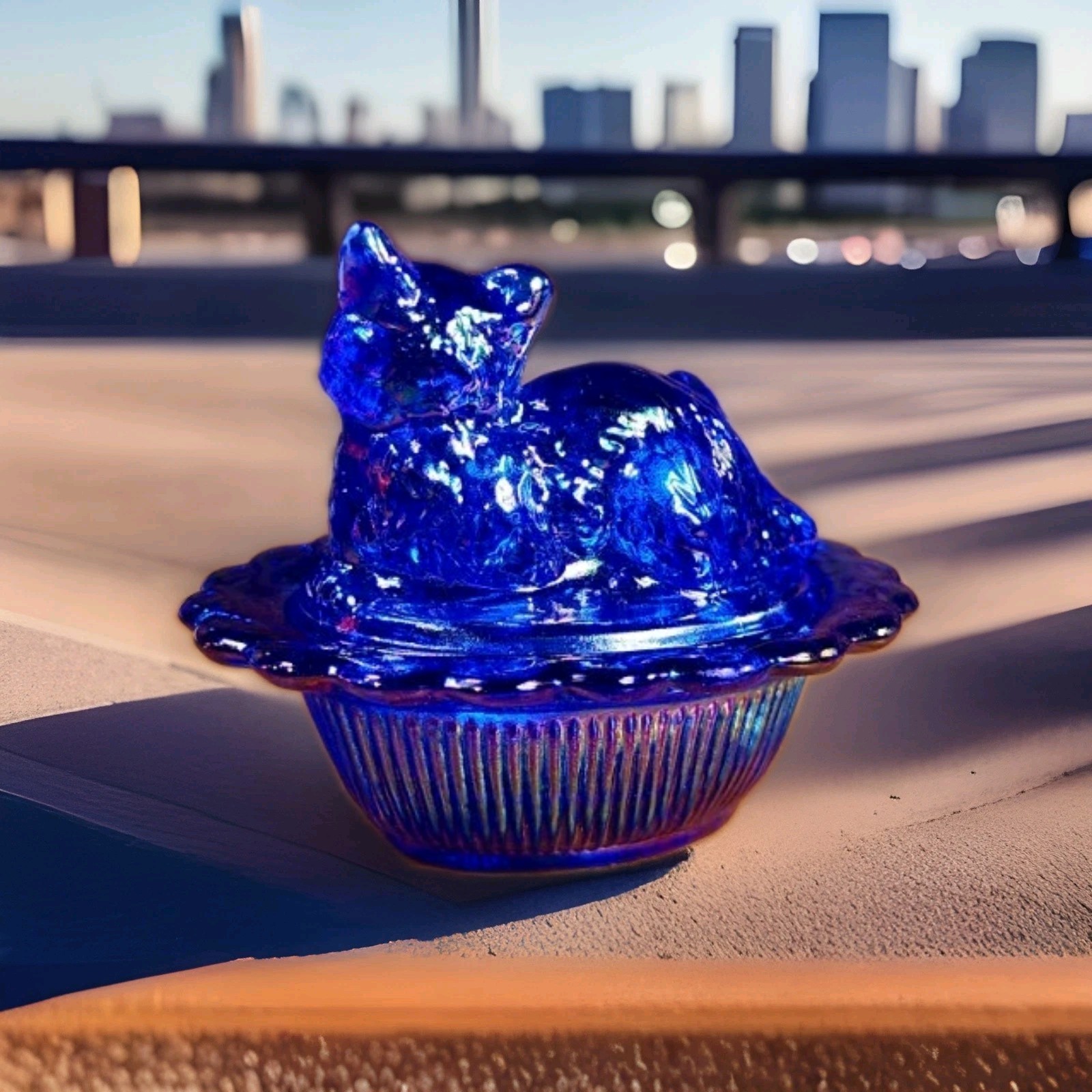 Mini Cat On Basket Cobalt Blue Carnival 2.75" x 2.25" Mosser Glass