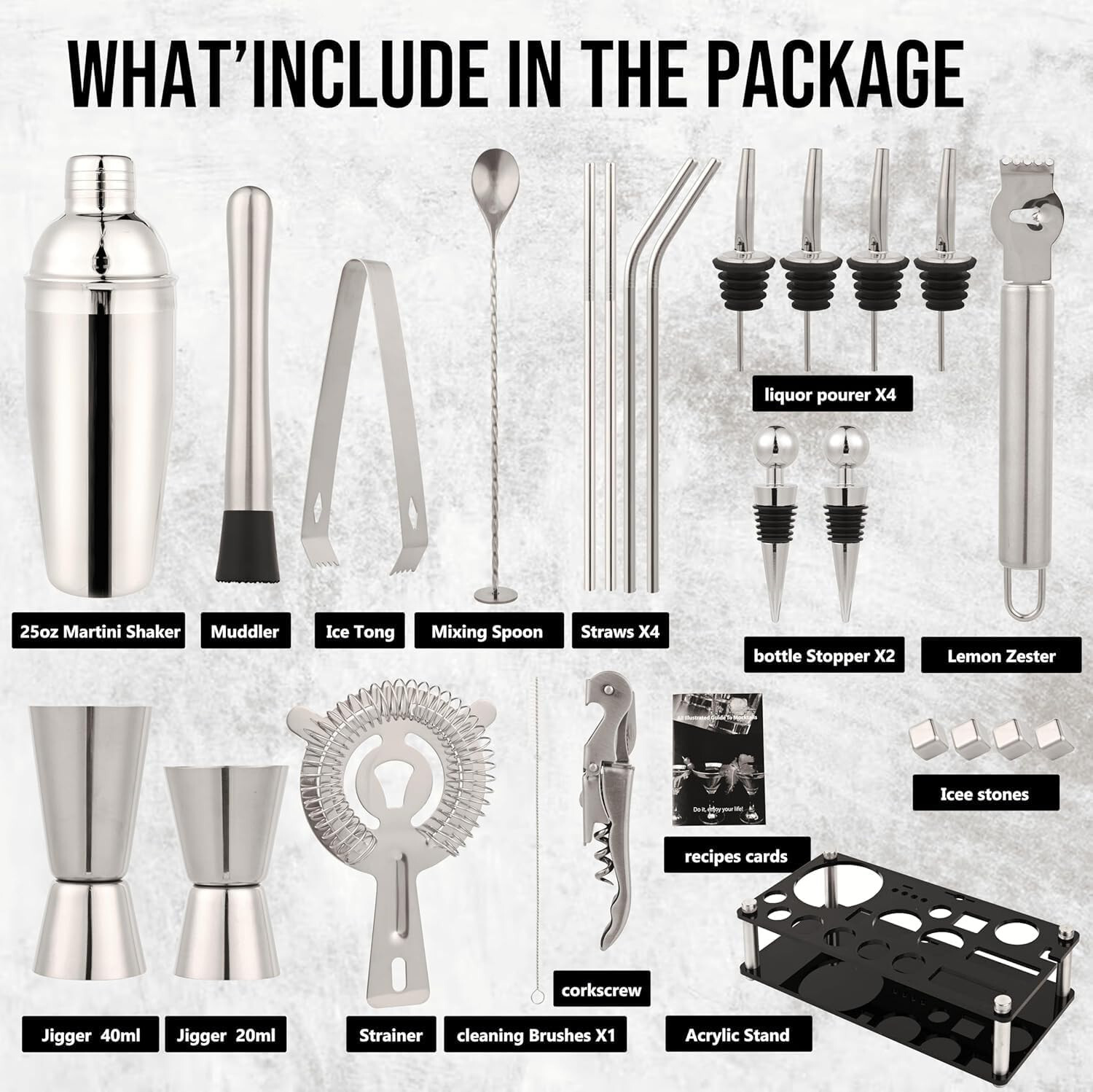 26 PC Bartender Kit Complete Cocktail Shaker Tool Set Stainless Steel with Stand