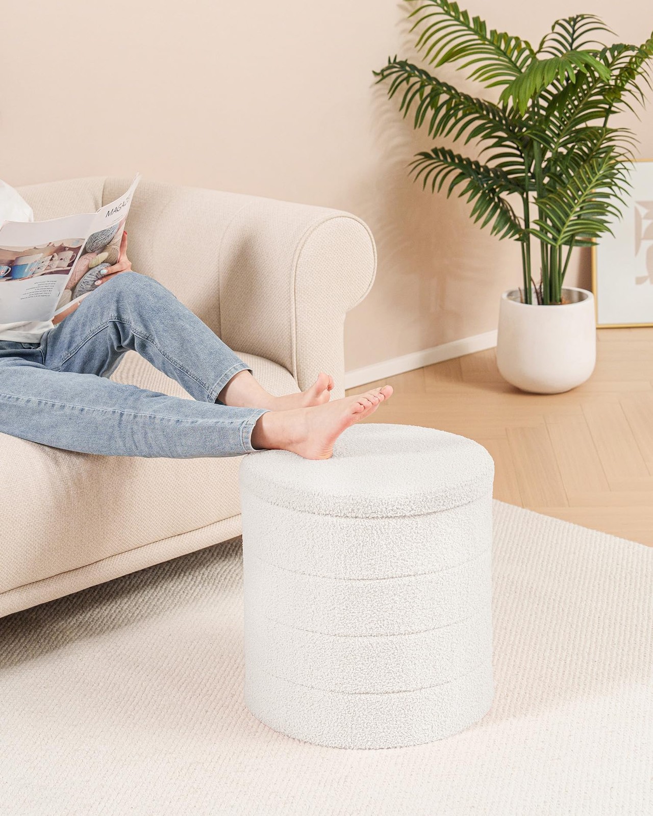 Ottoman with Stroage, Round Sherpa Storage Ottoman Stool, Boucle Foot Rest 16...