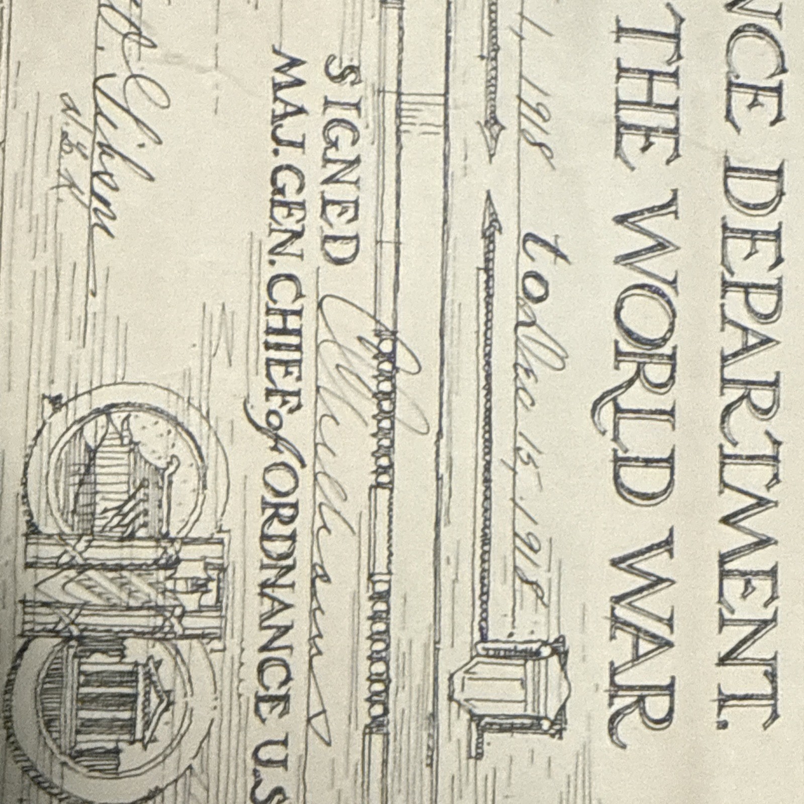 WWI US War Department Certificate of Service Forrest Campbell Chief of Ordnance