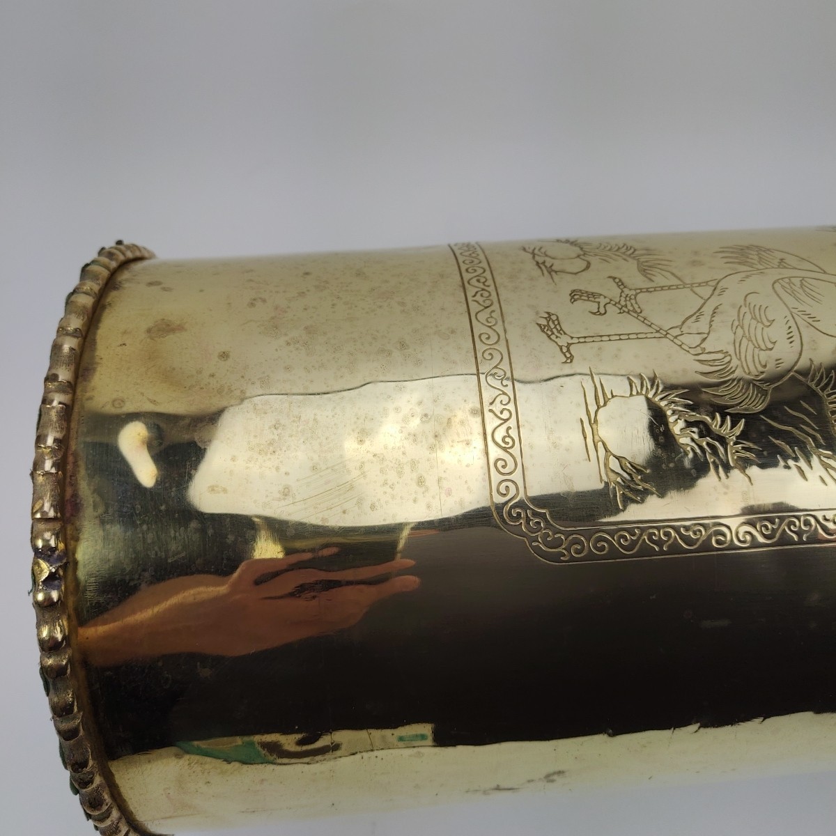 Vintage Brass Umbrella Cane Holder Stand 18" with Decorative Handles Asian Motif