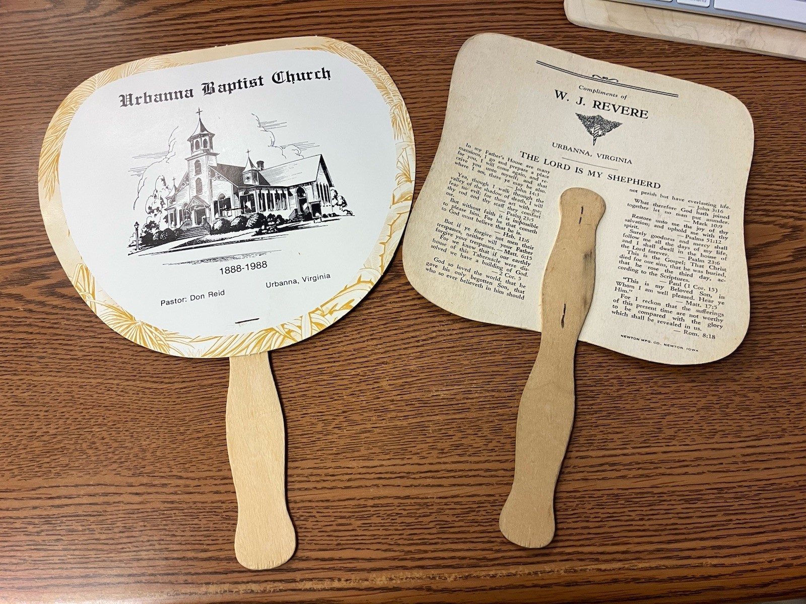 Two Vintage Advertising Paper Fans URBANNA VA Baptist Church W.J. Revere
