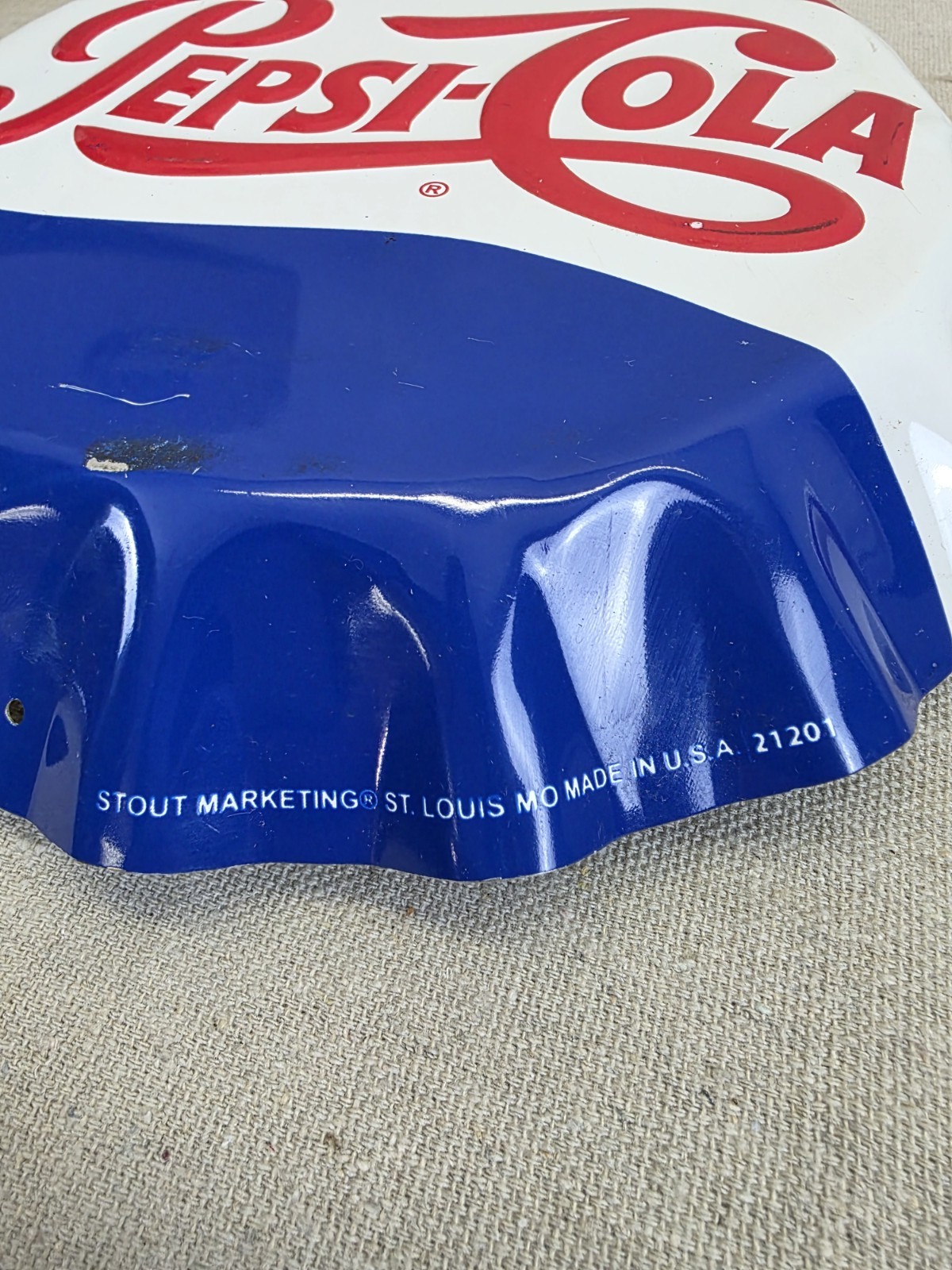 2 Vintage Pepsi-Cola Metal Bottle Cap Embossed Stout Marketing Sign - 11"