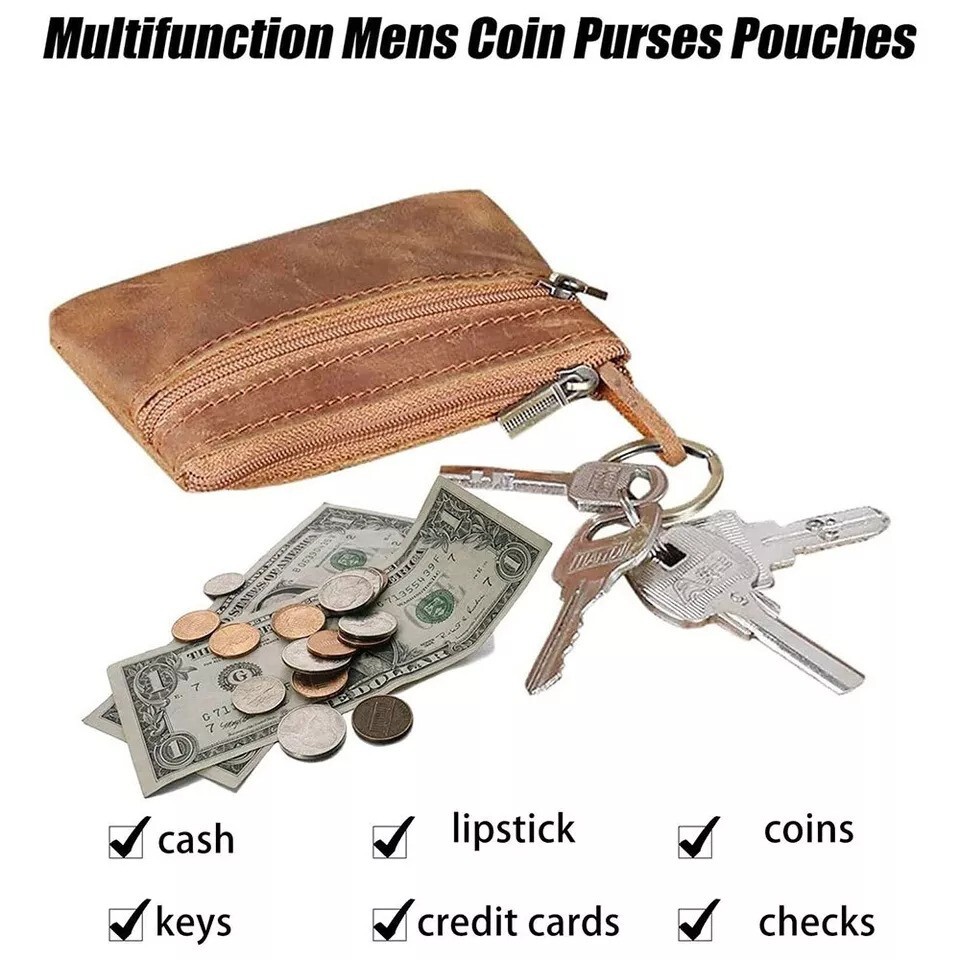 Brown Genuine Leather Small Coin Holder Change Purse Zipper Key Card Wallet