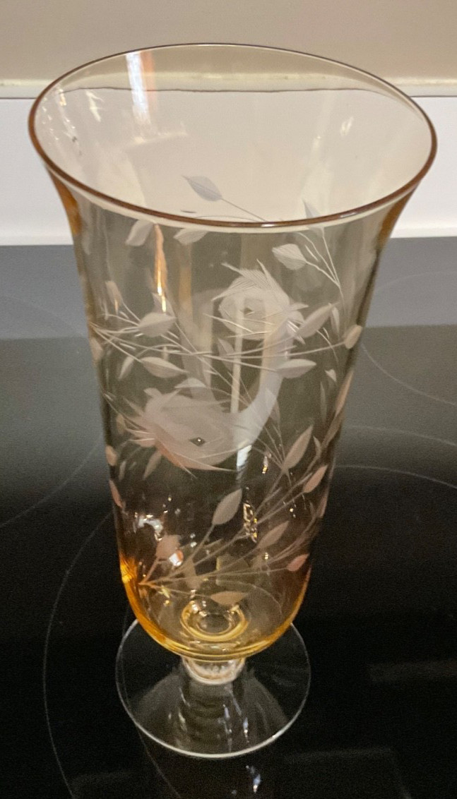 Vintage Amber Etched Art Glass Footed Vase. Vines and Flowers. 10”