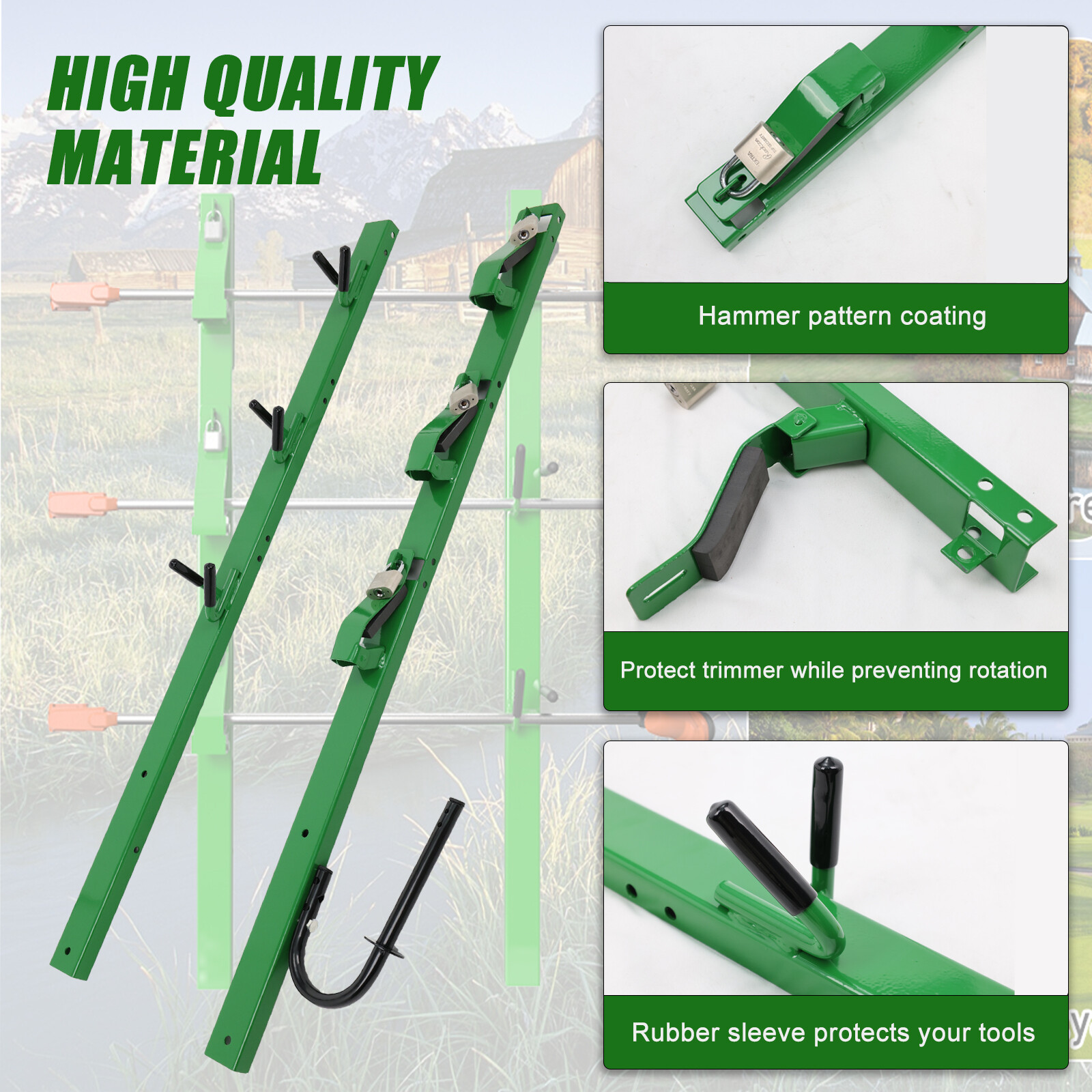 GREEN 3 Place Weedeater Trimmer Racks For OPEN Landscape Truck&Trailer w/ Lock