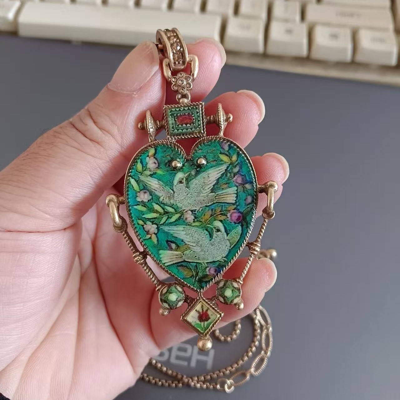 Vintage European Heart Enamel Necklace Unique Dove Inlay Retro Pendant Jewelry