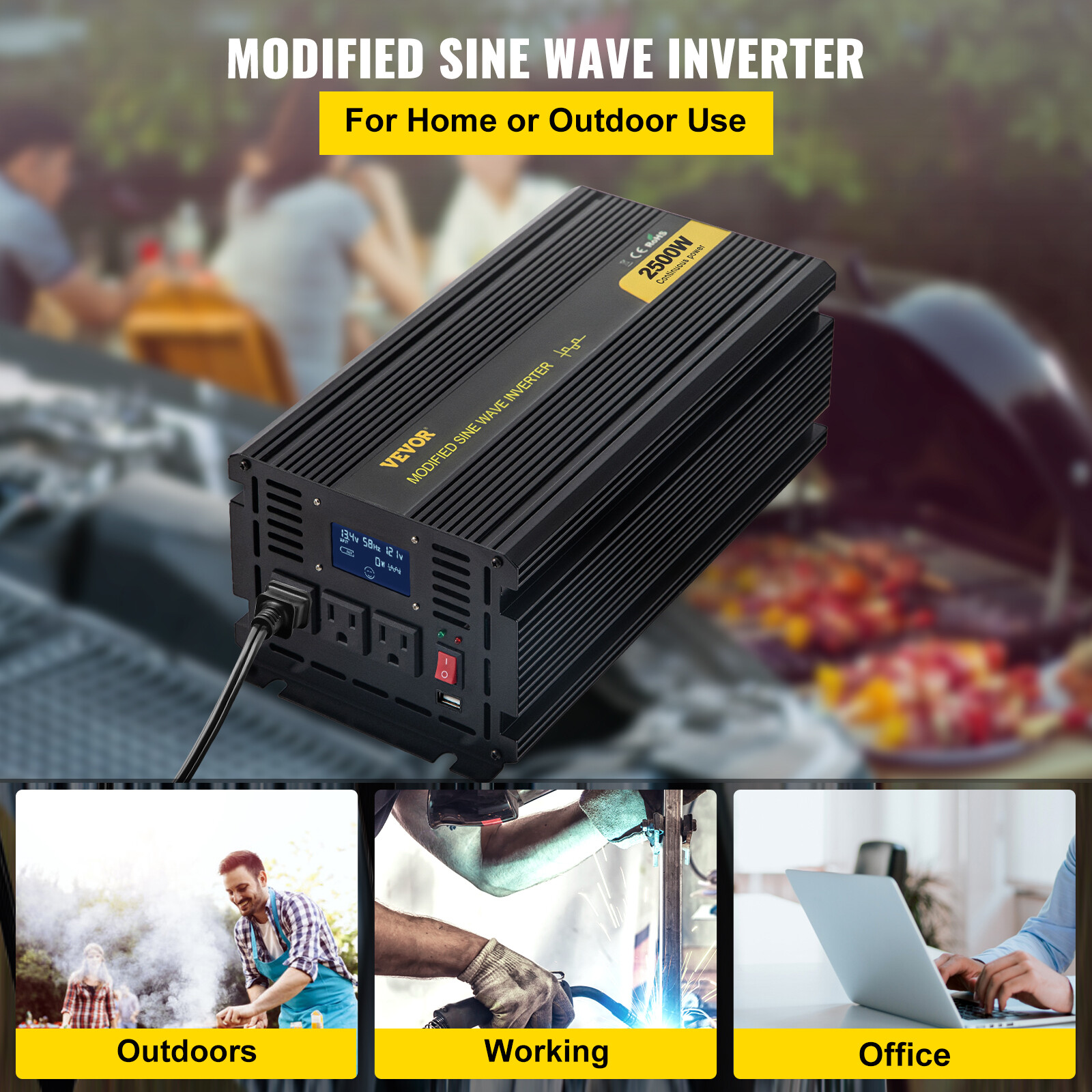 VEVOR 2500W DC 12V To AC120V Car Power Inverter Modified Sine Wave Converter LCD