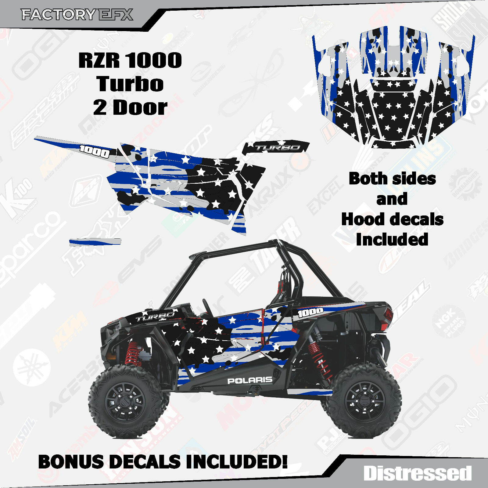 Gray Blue Subdued USA Flag Graphics kit fits Polaris RZR 1000 2 Door Turbo 14-18