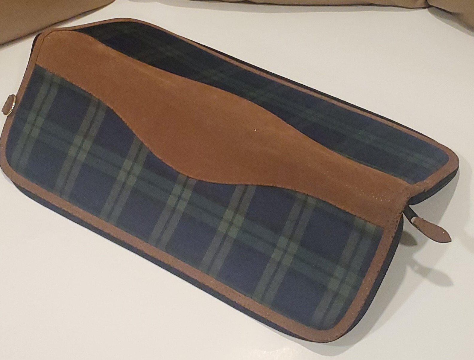 Vintage Leather Plaid Green Brown Neck Tie Travel Case -