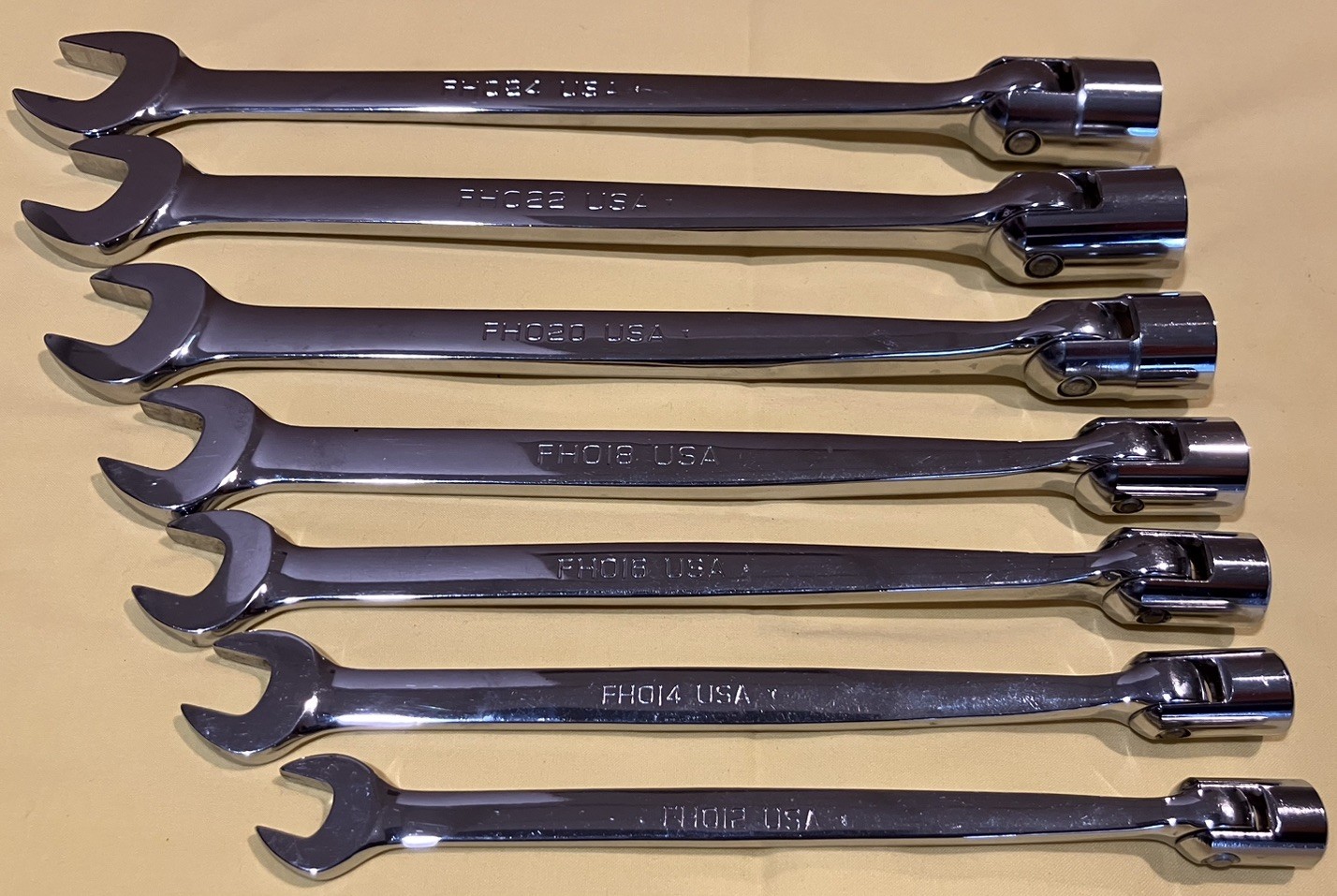 SNAP-ON TOOLS FHO12-FHO24 7 PIECE FLEX HEAD OPEN END COMBINATION WRENCH SET-NICE