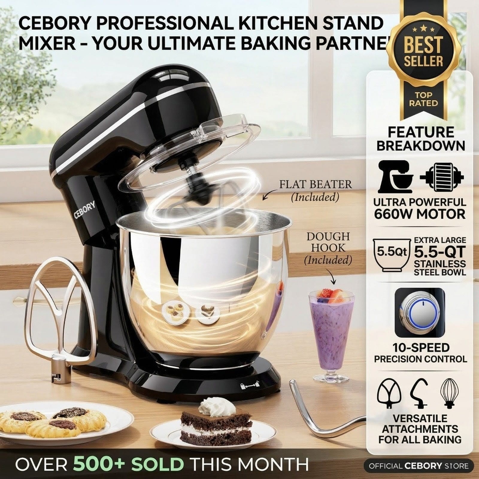 6.5QT Electric Stand Mixer 660W 10-Speed - 3-in-1 Tilt-Head Kitchen Food Mixer