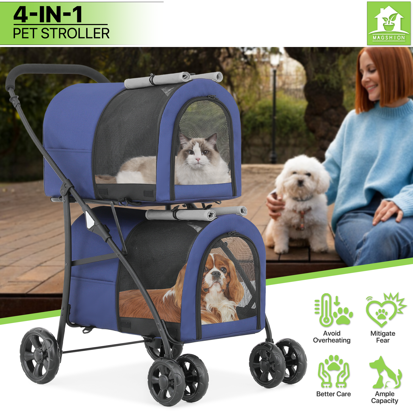 4 Wheels Double Breathable Pet Dog Stroller Folding Cat Cage Pet Travel Carrier