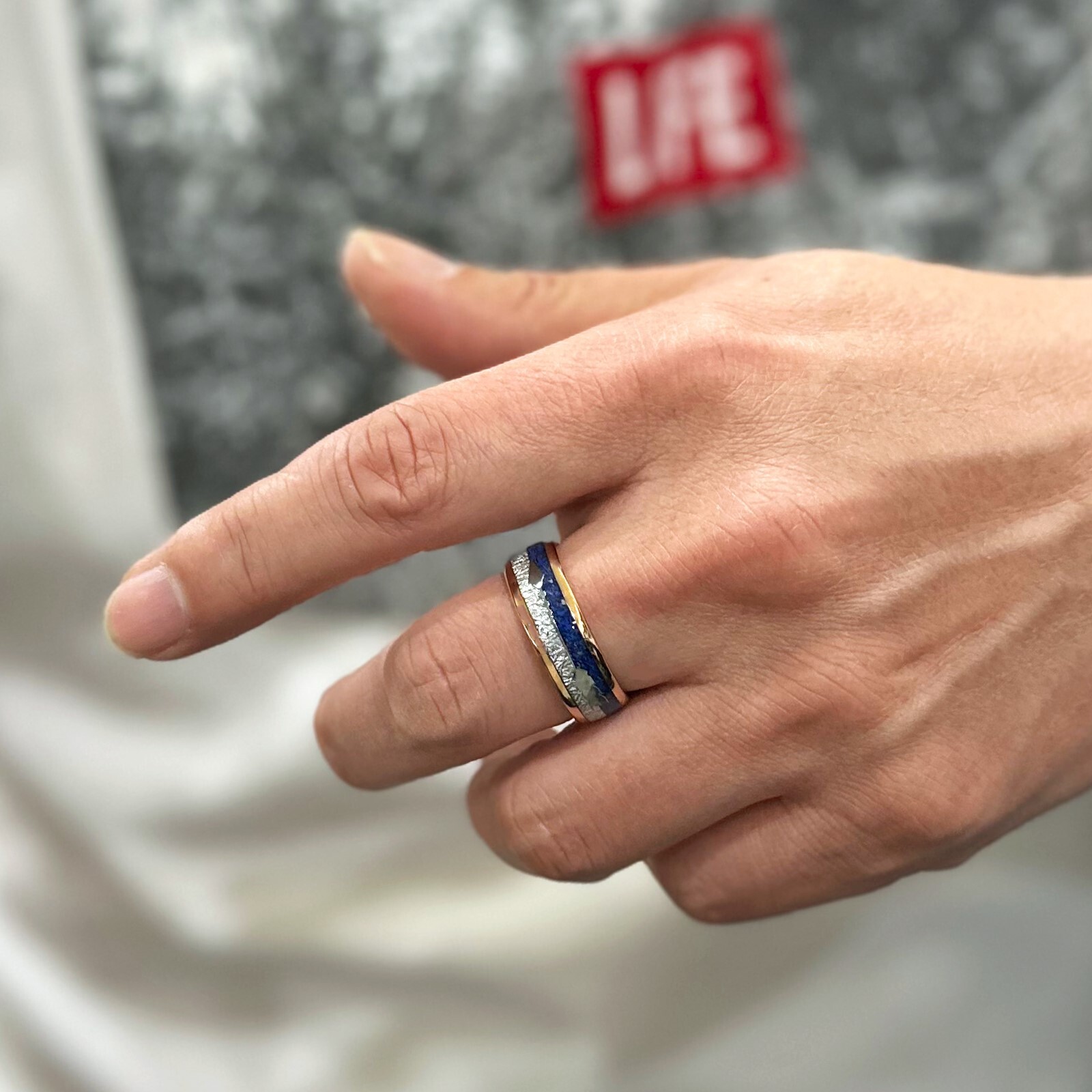 Rose Gold Plated Tungsten Carbide Meteorite & Blue Lapis Lazuli Men's Band Ring