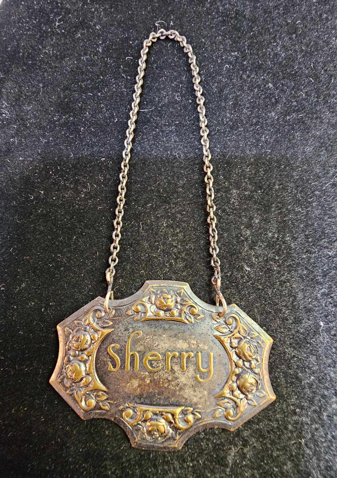 Victorian Sherry Decanter Label tag 2-tone gold silver 3D embossed rose flower