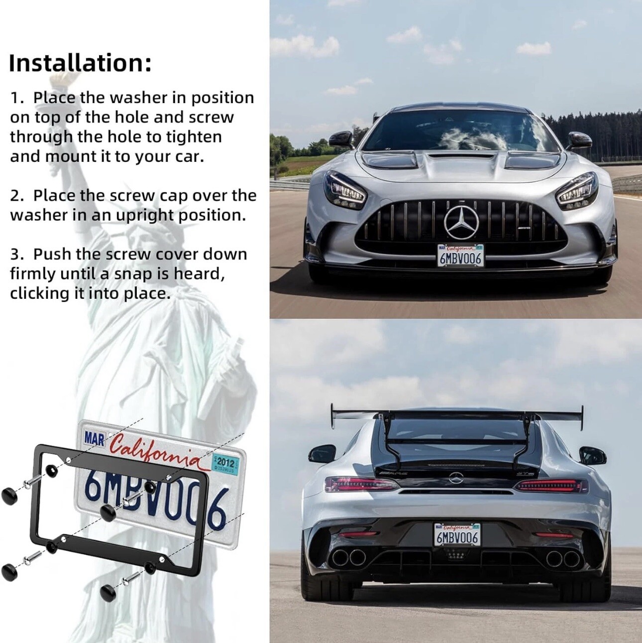 Black License Plate Frames 2 Packs, Black, Aluminum